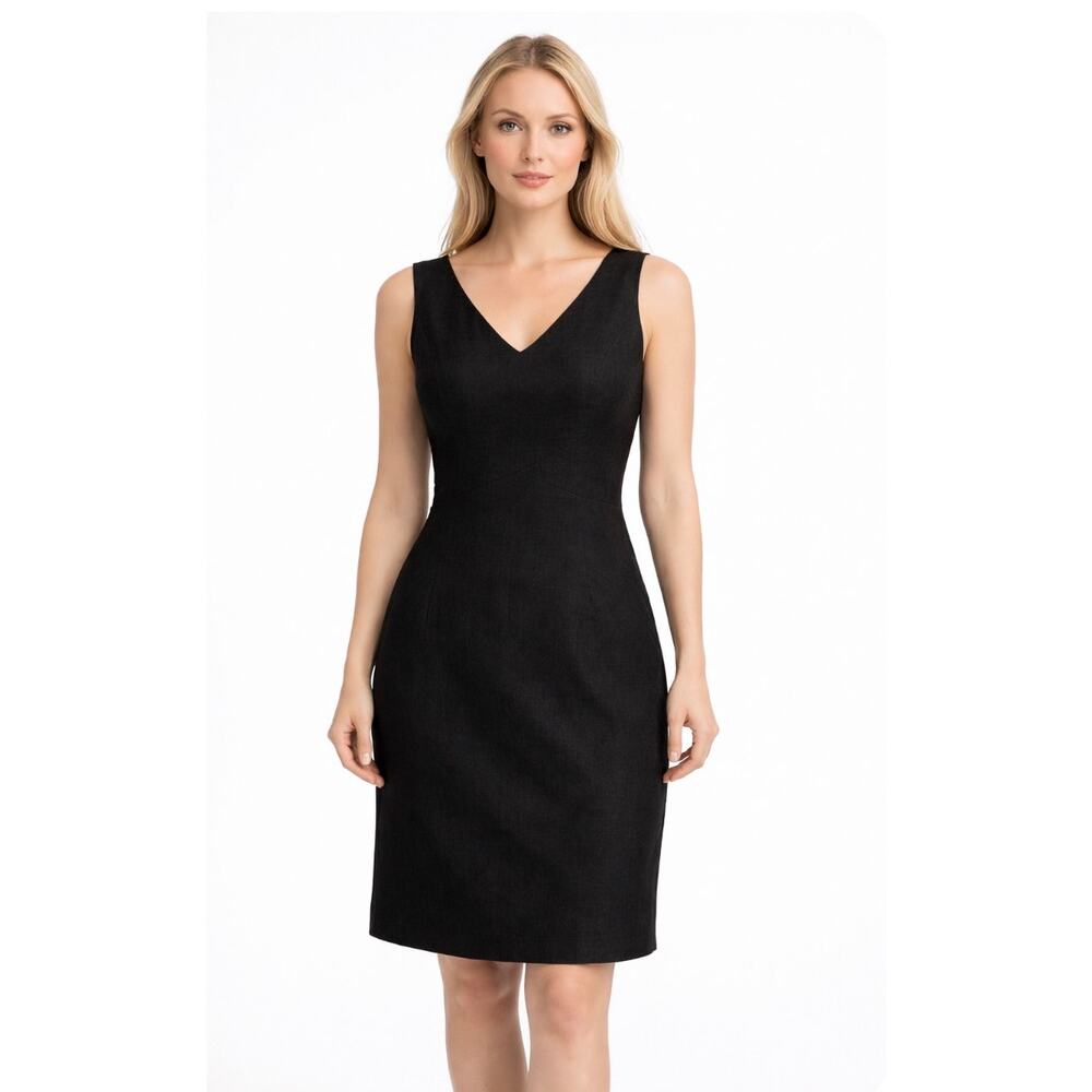 Talbots Dress Vintage Black Linen Lined Fit Flare Sleeveless V Neck Women's 10
